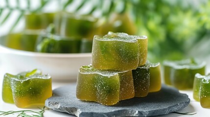 Close-up of colorful gummy sea moss candies. Brightly colored, chewy, sweet, and nutritious snack for optimal health. Healthy lifestyle food supplement with vitamins and minerals.