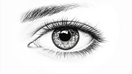 Obraz premium Close-Up of an Eye on a White Background,This striking image features a detailed close-up of an eye, showcasing the intricate patterns and colors of the iris against a clean, white background. 