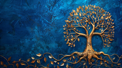 Golden tree of life with intricate roots and leaves on a textured blue background.