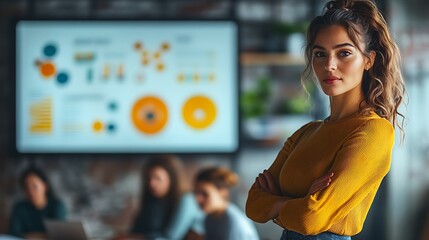 A confident designer leads a creative team presentation in a modern office during a dynamic brainstorming session