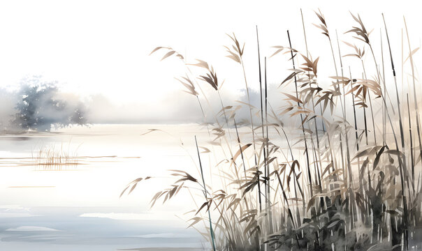 The motif of the painting includes reeds among the wetlands on the shore of the pond. Japan traditional sumi-e painting