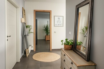 Fototapeta premium Stylish hallway with big mirror, chest of drawers. Contemporary interior design style. Comfortable, elegant corridor with modern furniture. Beautiful, spacious room decor. Cosy, luxurious entrance