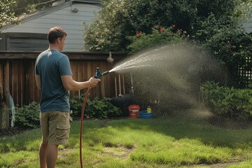 Man waters lawn with hose in backyard. Adult caucasian male tends to garden with irrigation equipment. Fresh green grass. Gardener uses plastic hose to pour water on lawn.