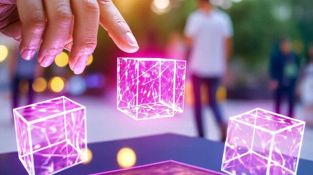 Augmented reality: hand interacting with holographic cubes in virtual space
