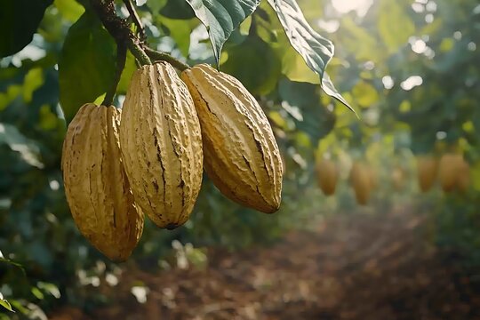 Forastero cocoa pods hang from lush tree branches in a vibrant plantation during the harvest season