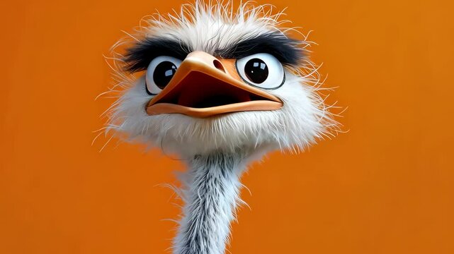 Funny cartoon ostrich posing on orange background