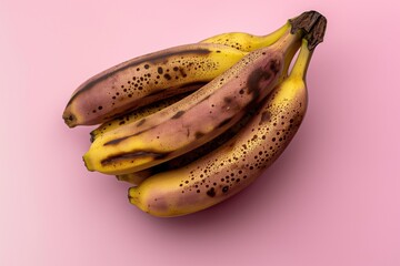 Close-up of a bunch of ripe bananas with dark spots on a pink background. The bananas are overmature with brown skin, some with visible bruises. Fresh fruit bunch in top view.
