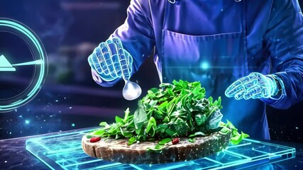 Futuristic culinary innovation with holographic chef preparing gourmet dish