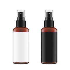 Realistic spray brown bottles mockup with white and black labels. Vector illustration isolated on white background. Сan be used for loss sprays, cosmetic, medical, and other needs. EPS10.