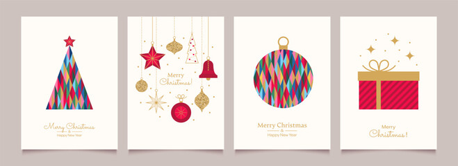 Merry Christmas and Happy New Year Set of greeting cards, posters, holiday backgrounds.