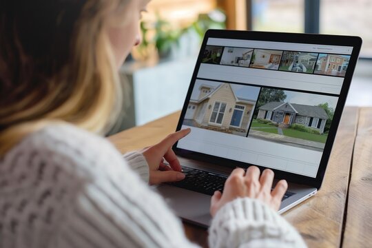 Woman searches for homes on real estate website on laptop. Looks at property listings, credit reports, insurance options on computer screen. Pro realtor assists client with buying renting new home.