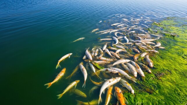 A polluted lake covered with algae and dead fish, symbolizing the harmful effects of water contamination