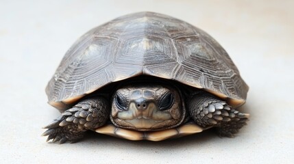 Fototapeta premium A close-up of a turtle with its shell partially open, resting on a flat surface.