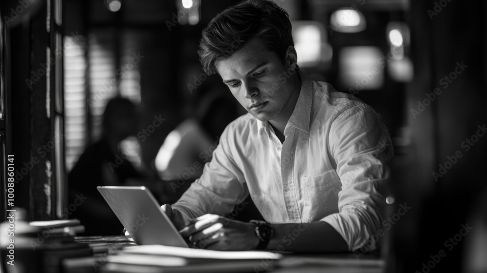 Poster young man using a tablet at a table in a cafe