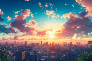 Obraz premium An anime cinematic scene blending urban and suburban landscapes with natural elements and fantasy architecture, creating an exciting adventure in a visually captivating world