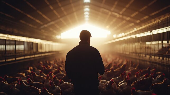 Farmers are carefully inspecting a large flock of chickens inside a spacious poultry house, illuminated by the warm light of early morning