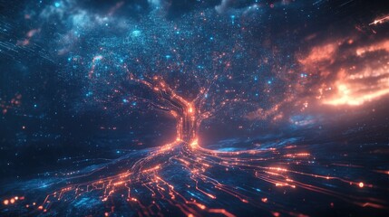 An abstract tree of technology growing in a surreal digital world, its branches forming glowing data streams and circuits, set against a futuristic sky