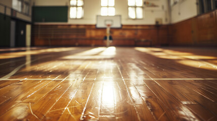 Sunlit Wooden Basketball Court Interior with Reflective Polished Floor and Hoop in Background.