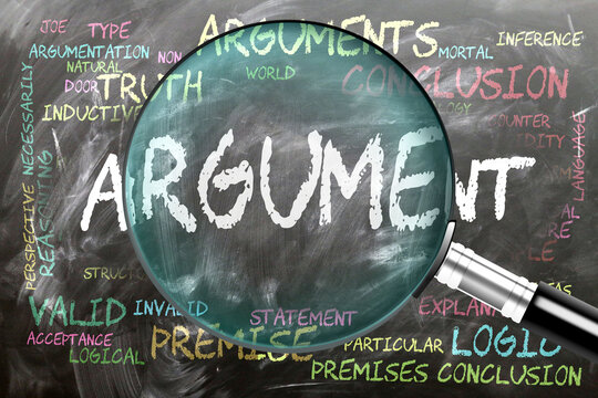 Argument being studying and under close inspection. Most important subjects and ideas closely related to argument written on a blackboard inspected by a magnifying glass. ,3d illustration