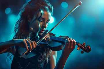 Fototapeta premium Dramatic scene of a woman playing violin on stage with expressive lighting in a classical musical performance.
