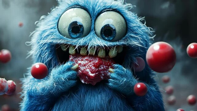 Furry blue monster joyfully munching on a piece of red meat