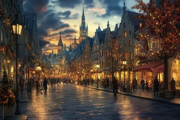 Obraz premium An anime cinematic scene filled with adventure, blending urban and suburban landscapes with elements of fantasy architecture, creating an exciting and visually captivating world