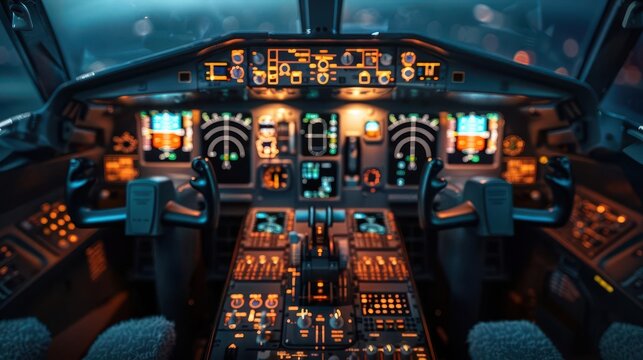 Airplane cockpit with pilot controls, intricate and hightech, Urban, Cool tones, Photograph, Aviation detail