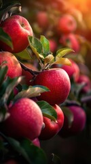 Obraz premium Apple orchard with ripe apples, vibrant and abundant, Botanical, Soft greens, Photograph, Fruit harvest
