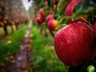 Apple orchard with ripe apples, vibrant and abundant, Botanical, Soft greens, Photograph, Fruit harvest