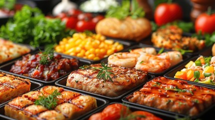 Fototapeta premium A mouth-watering array of assorted grilled seafood and side dishes beautifully plated with fresh herbs and vegetables