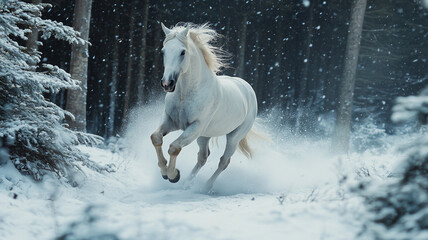 A white horse galloping through a snowy forest during a winter snowfall at dusk