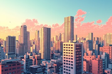 An anime cinematic scene filled with adventure, blending urban and suburban landscapes with elements of fantasy architecture, creating an exciting and visually captivating world