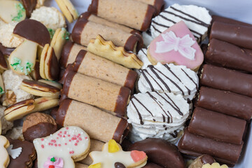 Various types of small Christmas cookies. Homemade baked Christmas cookies. Candy in a box