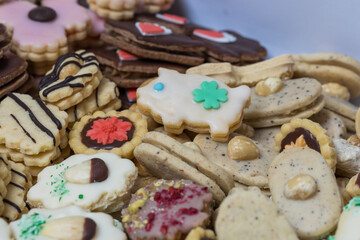 Various types of small Christmas cookies. Homemade baked Christmas cookies. Candy in a box