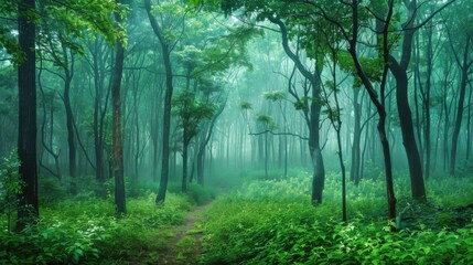 Fototapeta premium Mystical Forest Landscape Misty Green Trees Filling the Woods with a Peaceful Atmosphere for Wallpaper
