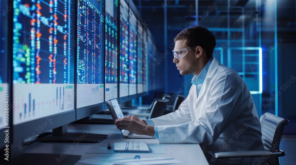 Aufkleber A man in a lab coat is working on a computer with a monitor displaying a lot of
