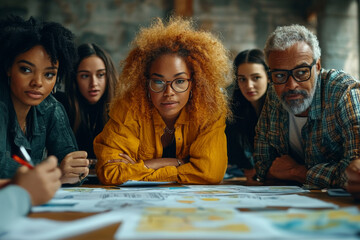 A diverse group of businesspeople gathered around an office floor, brainstorming ideas on paper and digital devices in the style of documentary photography. 