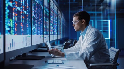 Fototapeta premium A man in a lab coat is working on a computer with a monitor displaying a lot of