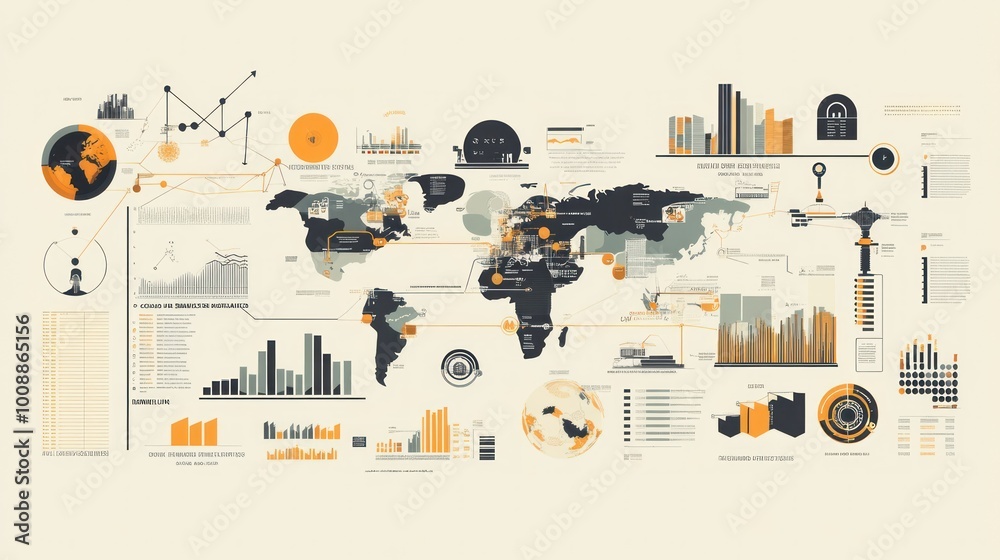Poster global infographic with world map, charts, and data visualizations