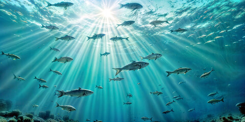 Tropical sea underwater fish on coral reef.