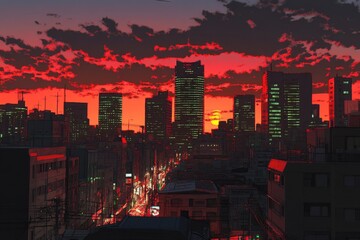An anime cinematic scene filled with adventure, blending urban and suburban landscapes with elements of fantasy architecture, creating an exciting and visually captivating world
