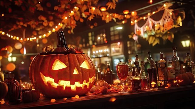A lively Halloween-themed pub crawl with friends dressed in creative costumes, enjoying festive drinks.
