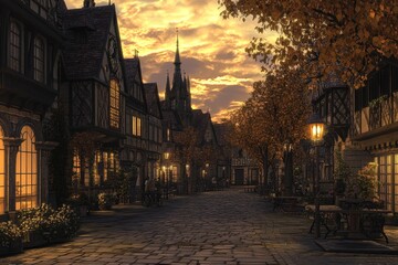 Fototapeta premium An anime cinematic scene filled with adventure, blending urban and suburban landscapes with elements of fantasy architecture, creating an exciting and visually captivating world