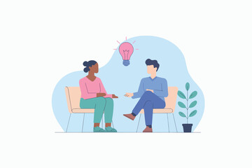 Two people sitting talking, with a light bulb above them, concept of idea and innovation.
