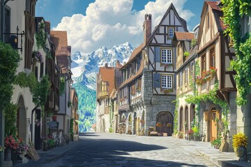 Fototapeta premium An anime cinematic scene filled with adventure, blending urban and suburban landscapes with elements of fantasy architecture, creating an exciting and visually captivating world
