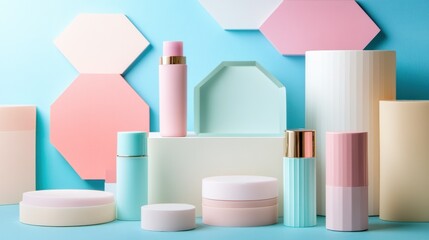 Pastel Colored Cosmetic Products on Geometric Platforms
