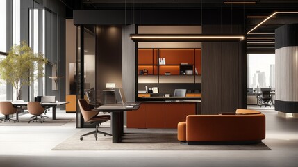 Modern Office Interior Design with Orange Accents and City View