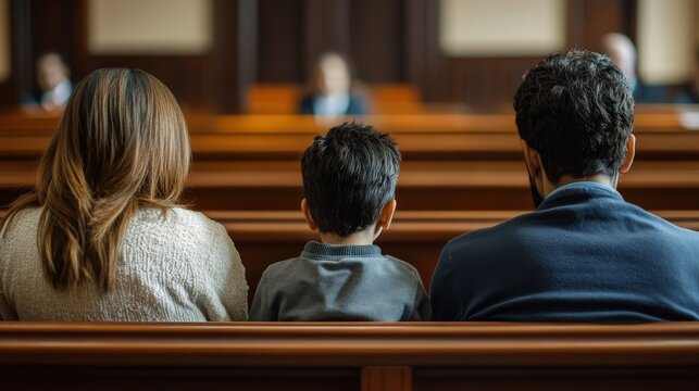 Two parents sit directly across from each other in a courtroom, with their young child positioned between them, highlighting the emotional tension of a family-related legal matter
