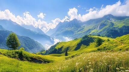 Obraz premium Stunning French Mountain Landscape with Rolling Hills and Clear Blue Sky,This image captures the breathtaking beauty of a French mountain landscape, showcasing majestic peaks,