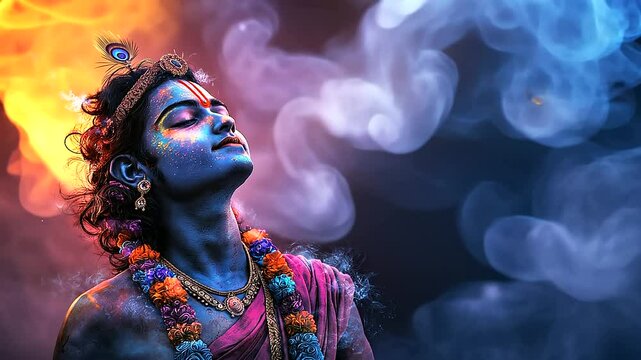 An enchanting portrayal of Krishna with a glowing aura, standing against a dark, cloudy sky with a faint rainbow